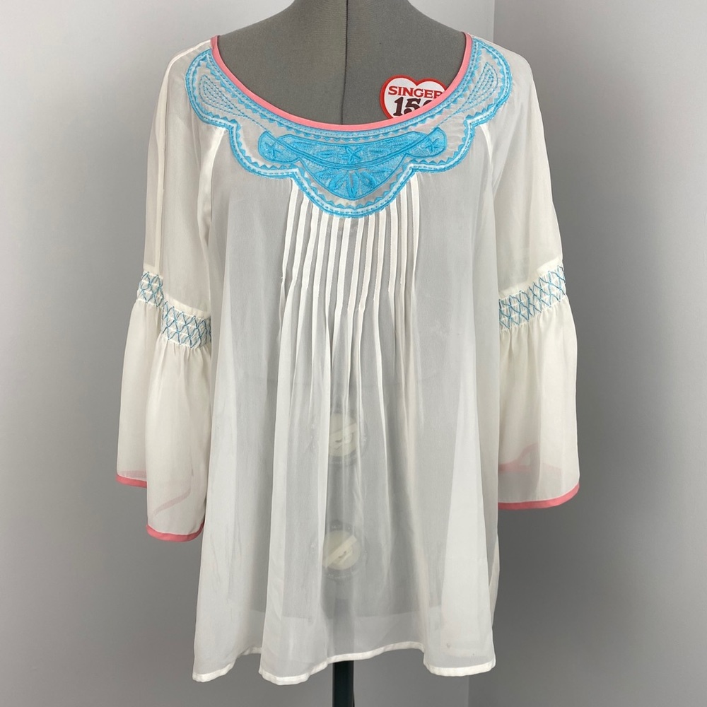 Nine West Vintage America Sheer White Boho Top M